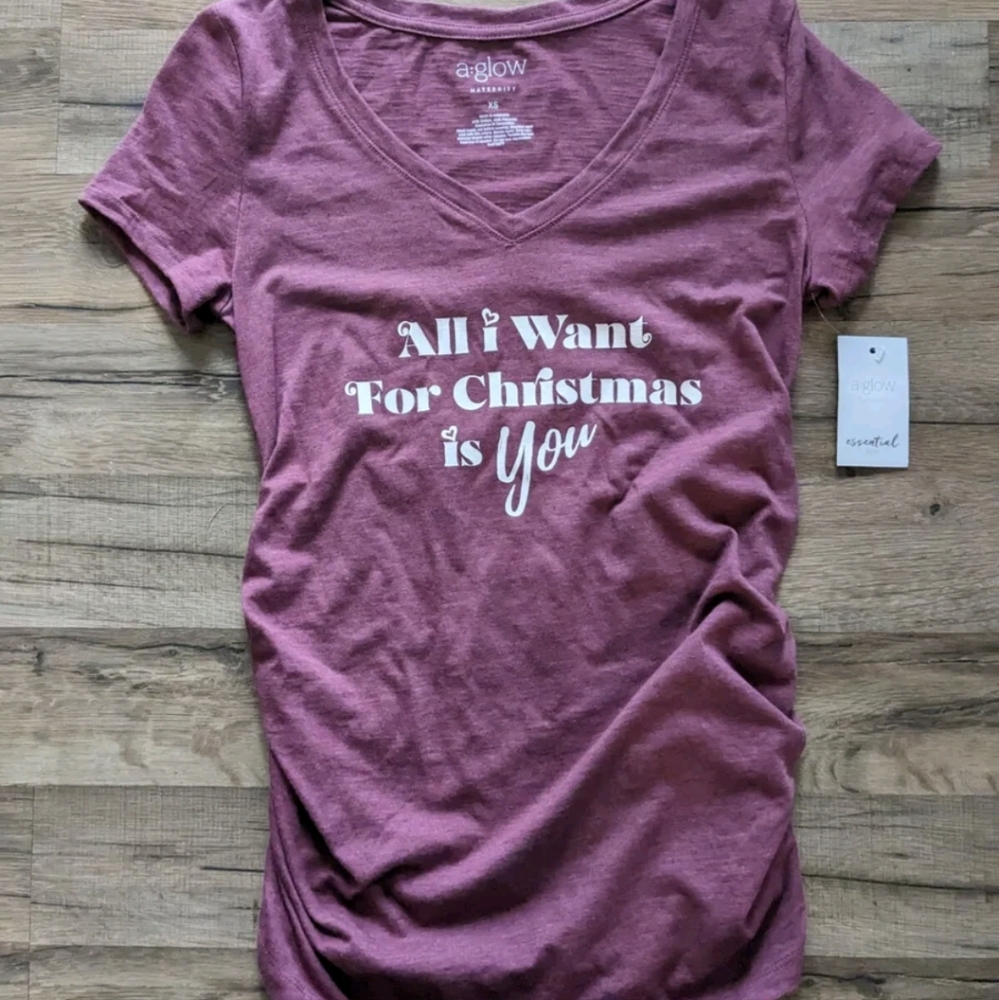 NWT XS ALL I WANT FOR CHRISTMAS is you maternity shirt aglow baby shower present